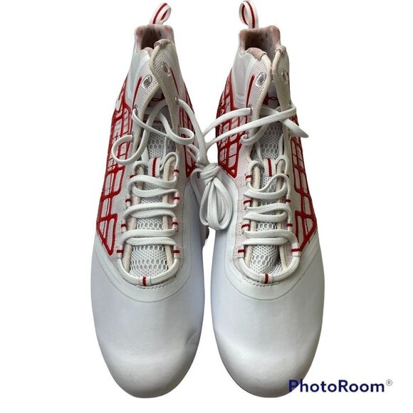 Under Amour White and Red Banshee Mid MC Lacrosse Shoes Size 15 - Picture 3 of 8